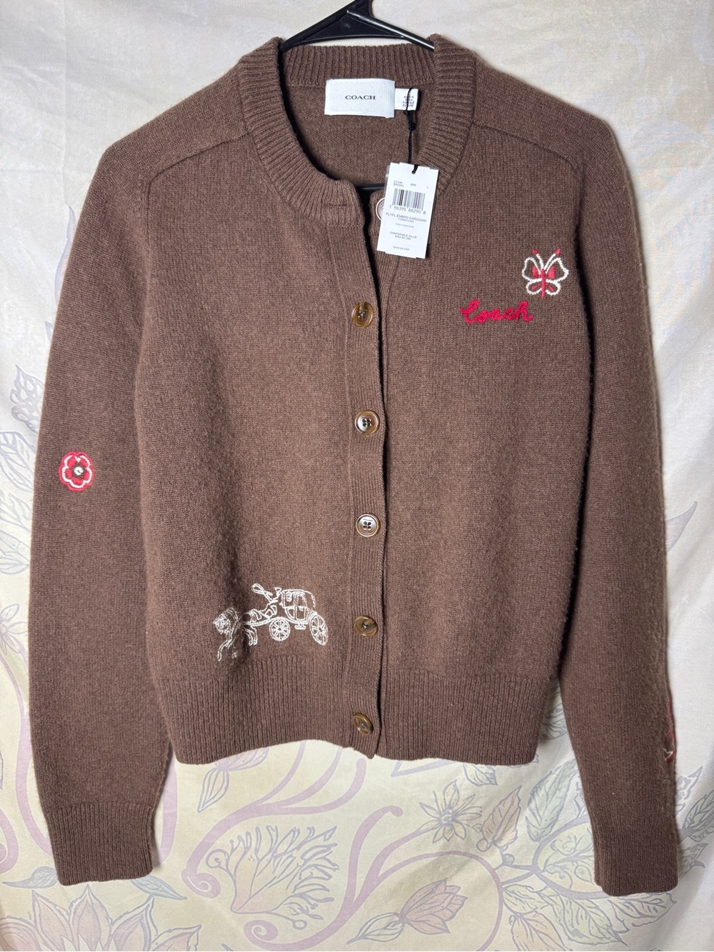 Coach Brown Embroidered Button-Front Cardigan with Floral & Carriage Motifs